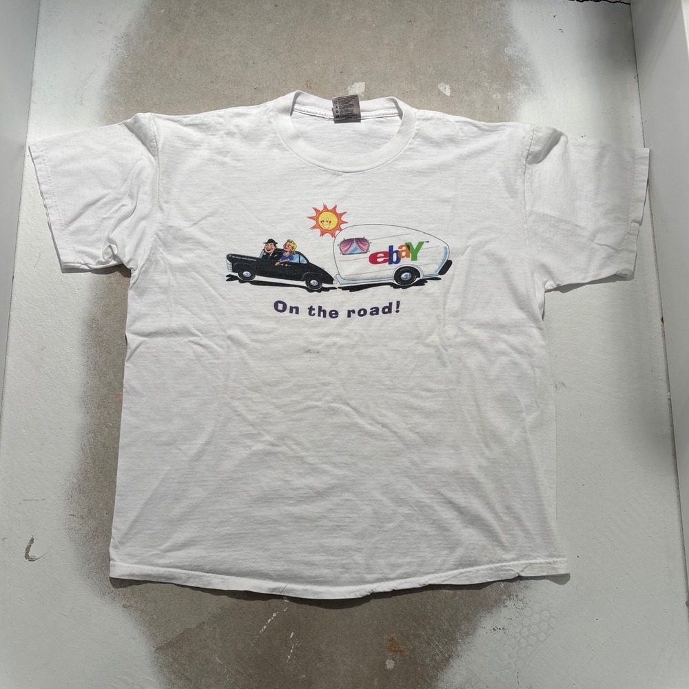 Vintage Oneita eBay On The Road Graphic T-Shirt Mens XL White Cotton Promo Tee